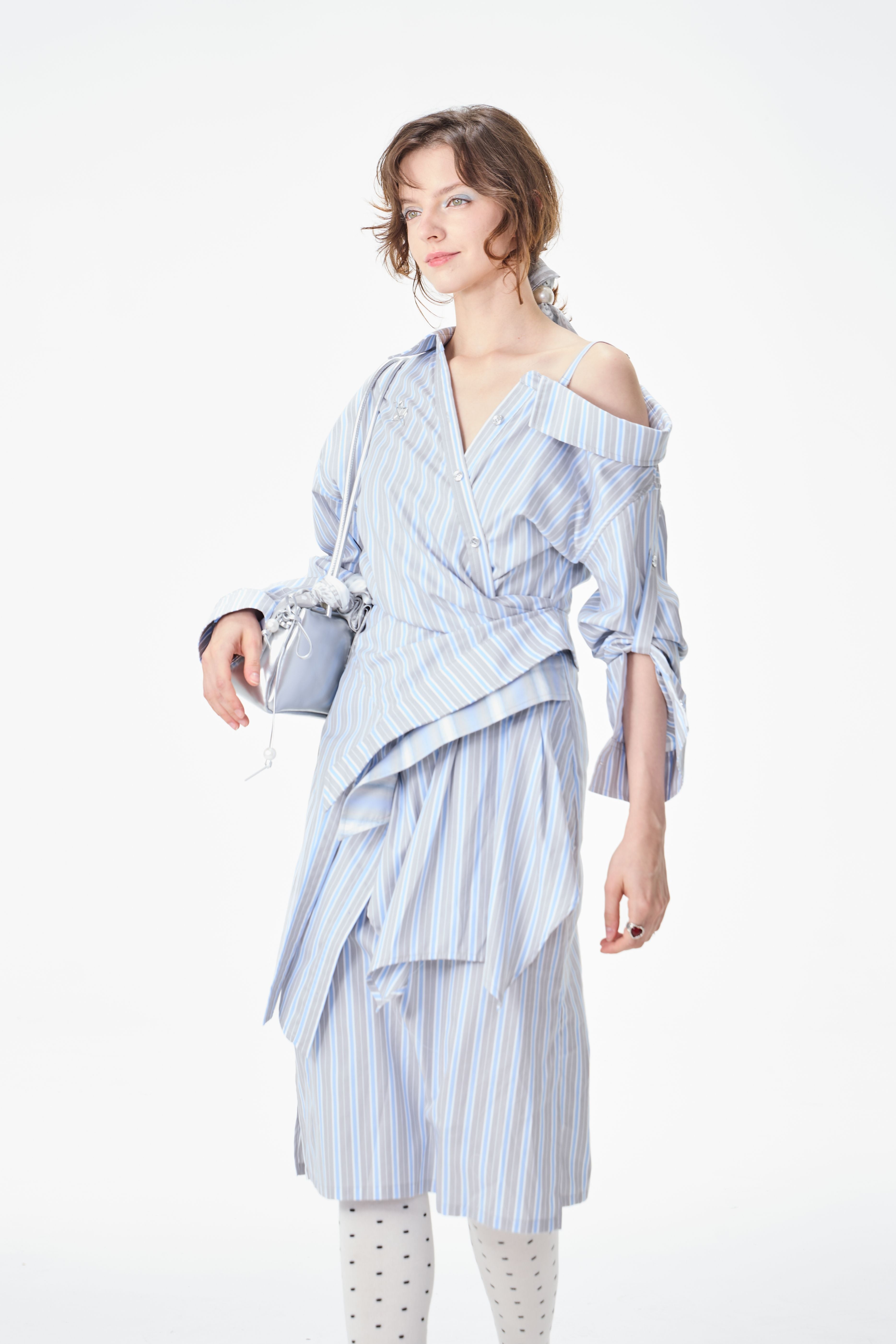 Asymmetrical Striped Cold Shoulder Shirt Dress