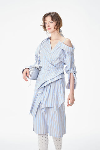 Asymmetrical Striped Cold Shoulder Shirt Dress