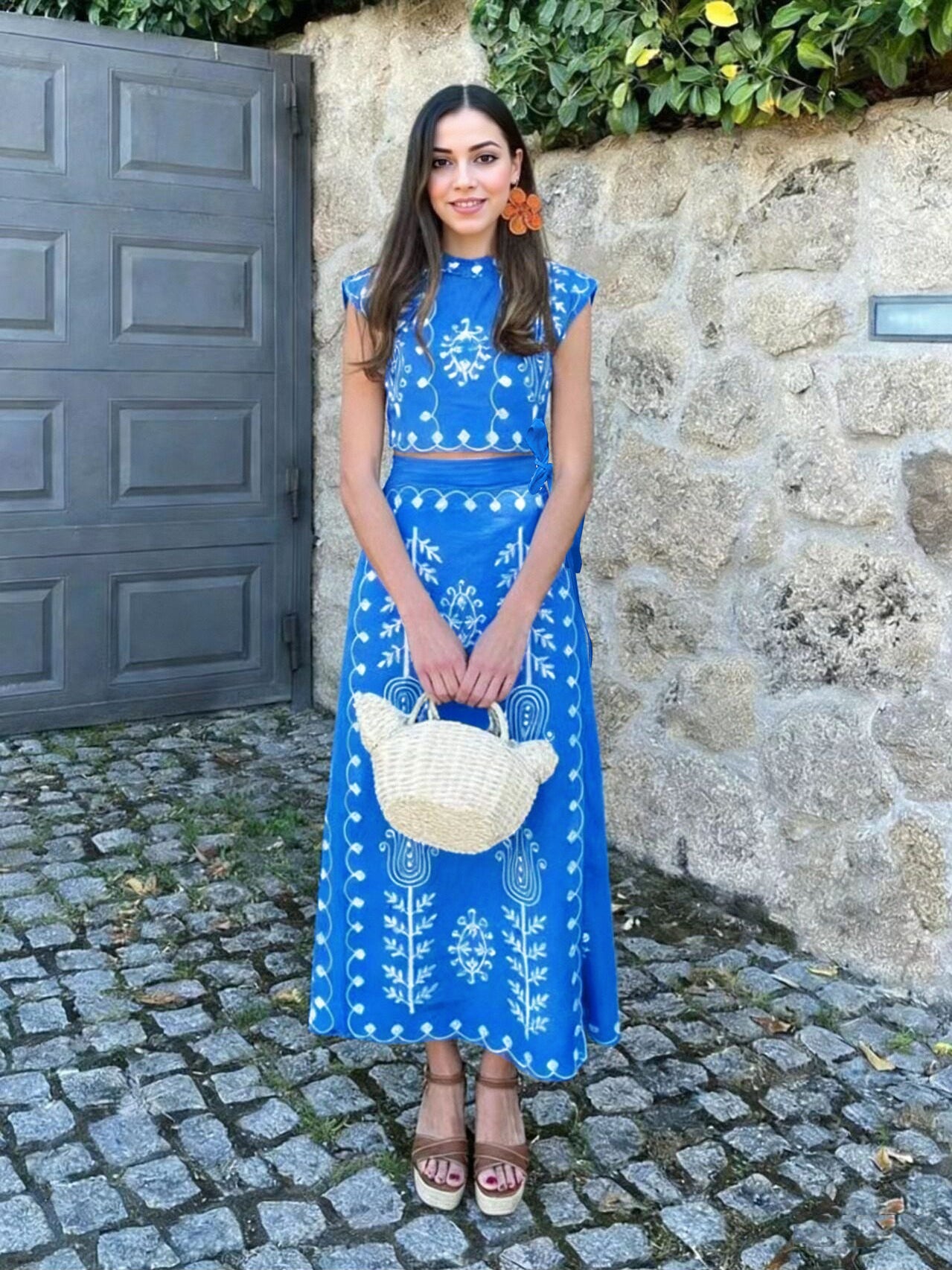 Embroidered Blue Two Piece Midi Skirt Set