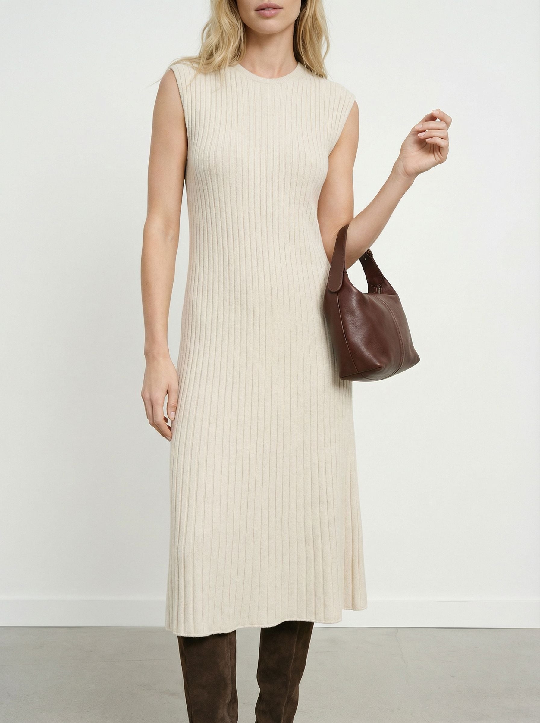 Solid Color Slim Fit Wool Knit Eleant Midi Dress-White