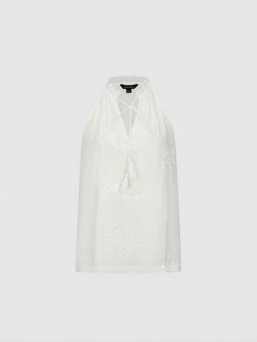 Urban Revivo Floral Embroidered Tie Neck Sleeveless Overhead Shirt
