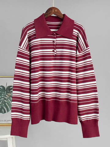 Oversized Striped Polo Collar Knit Sweater