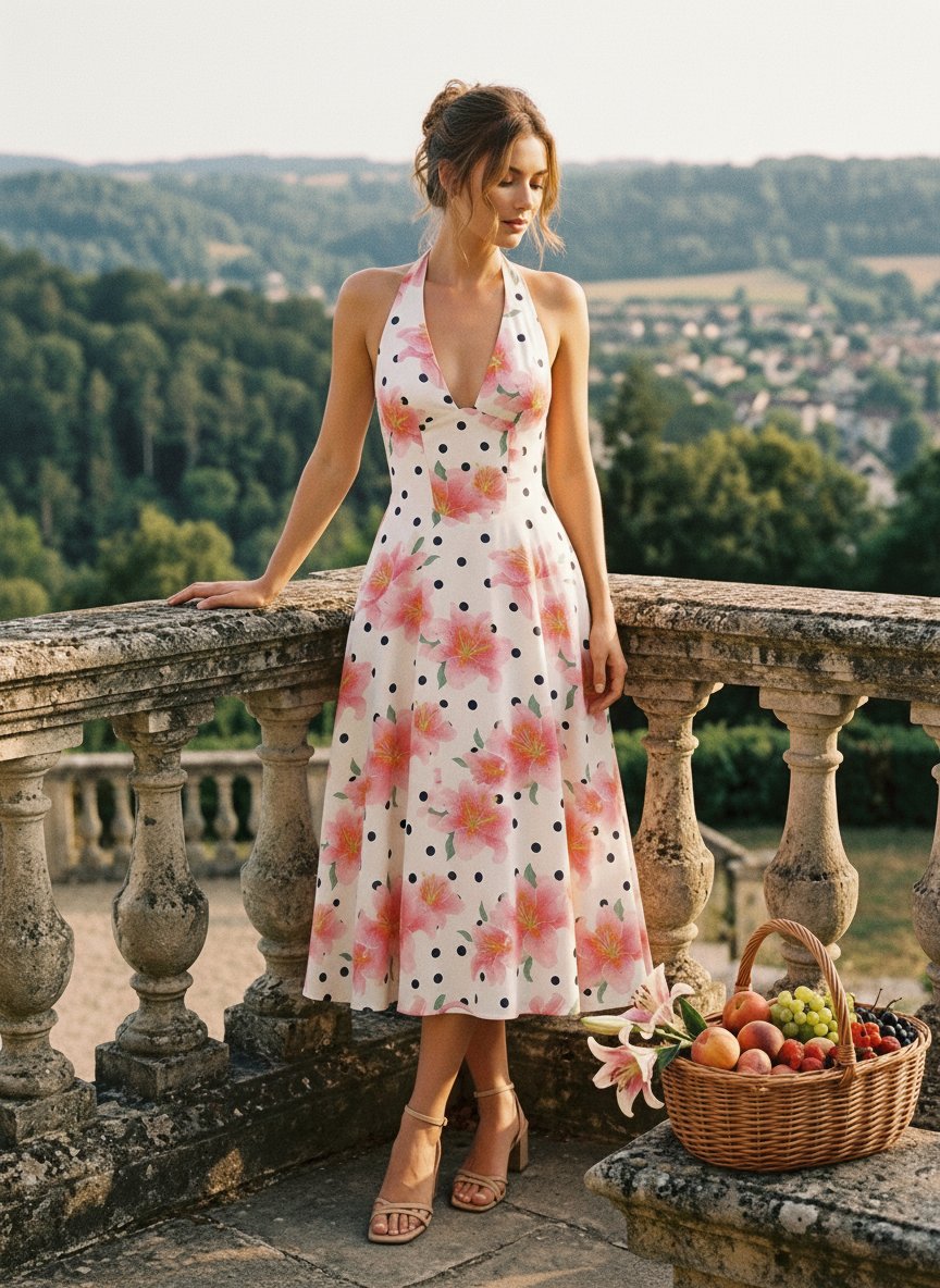 Floral Print Halter Neck Tie Back Midi Dress