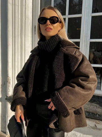 Oversized Faux Shearling Trim Coat
