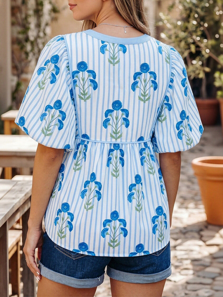 Floral Striped Puff Sleeve Blouse