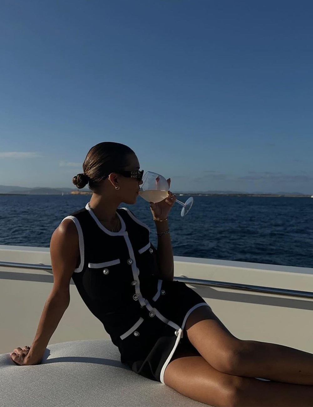 Pearl-Button Piping-Trim Sleeveless Daily Mini Dress-Multicolor