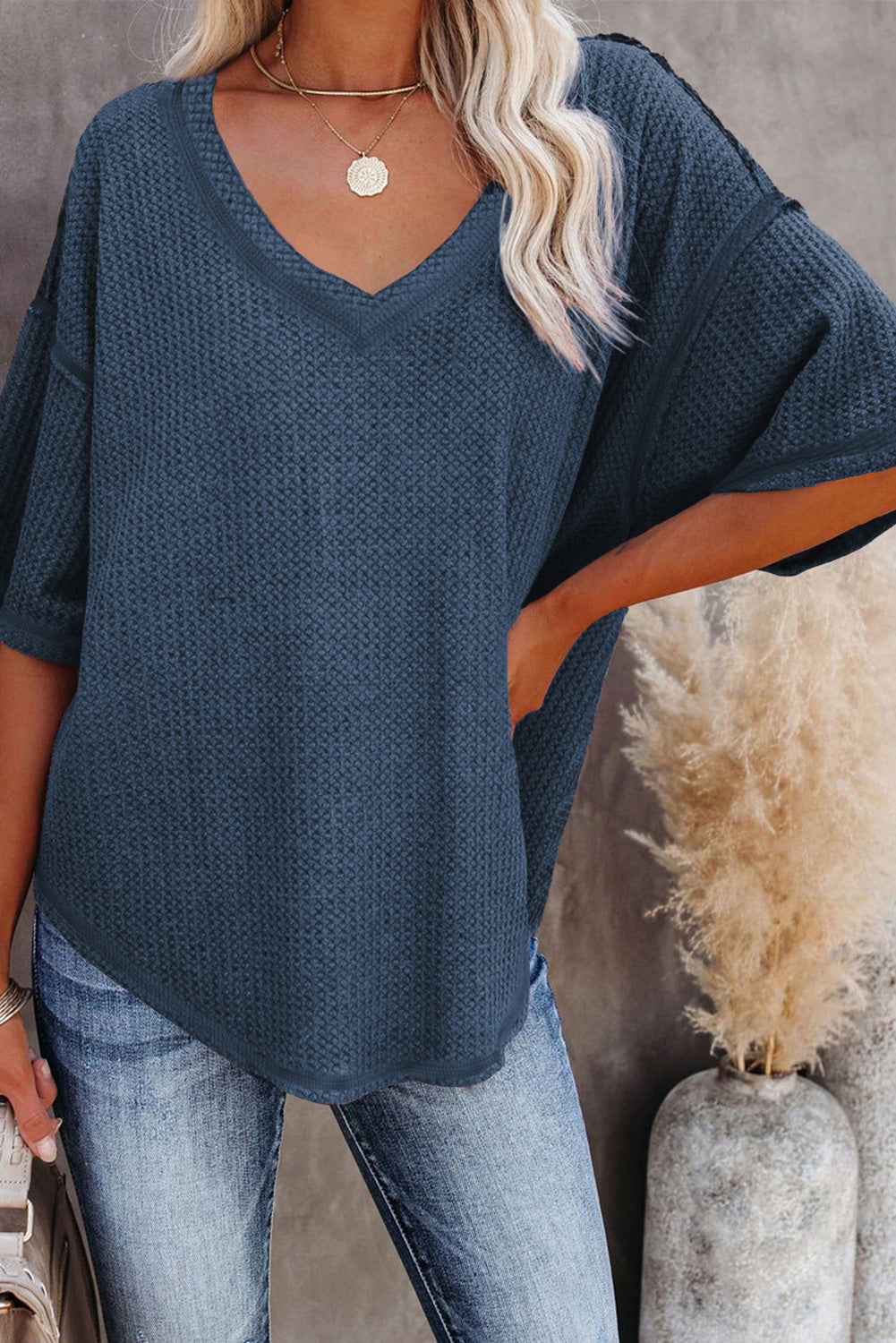 Casual V Neck Waffle Knit Tee