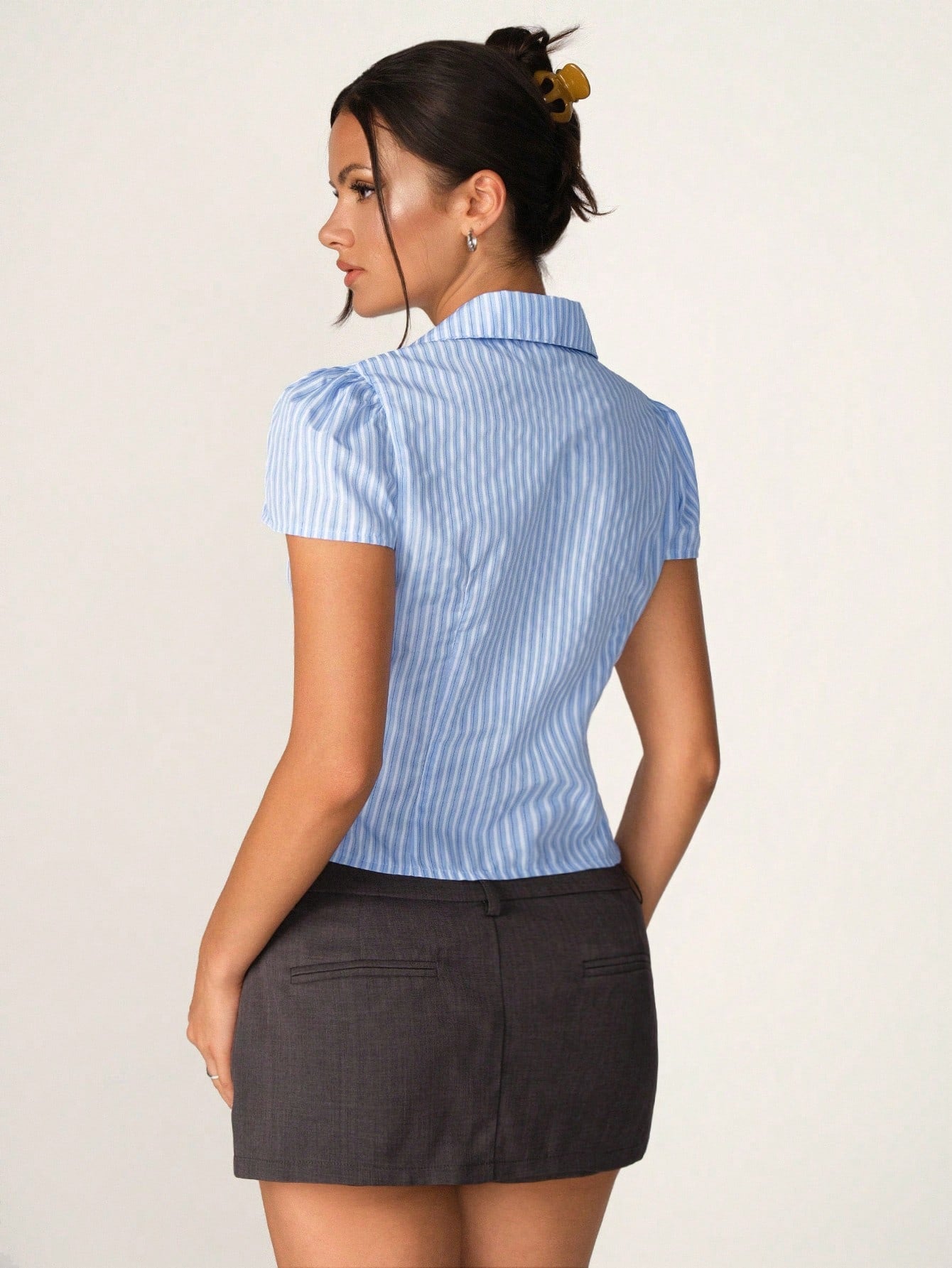 Stripe Puff Sleeve Modern Shirtdress-Blue