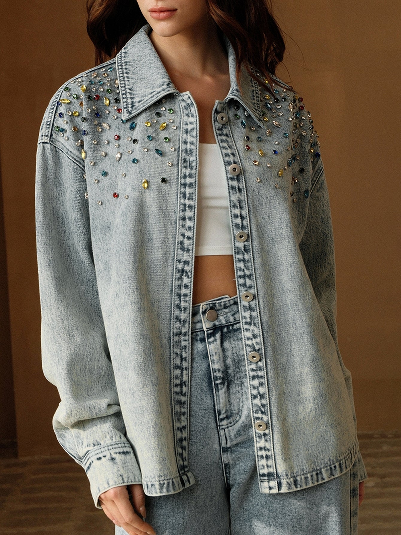 Embellished Oversized Light Wash Denim Shirt