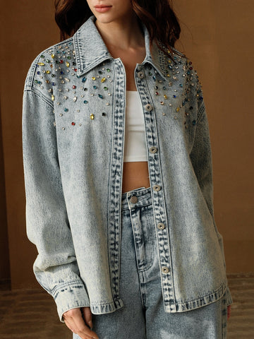 Embellished Oversized Light Wash Denim Shirt