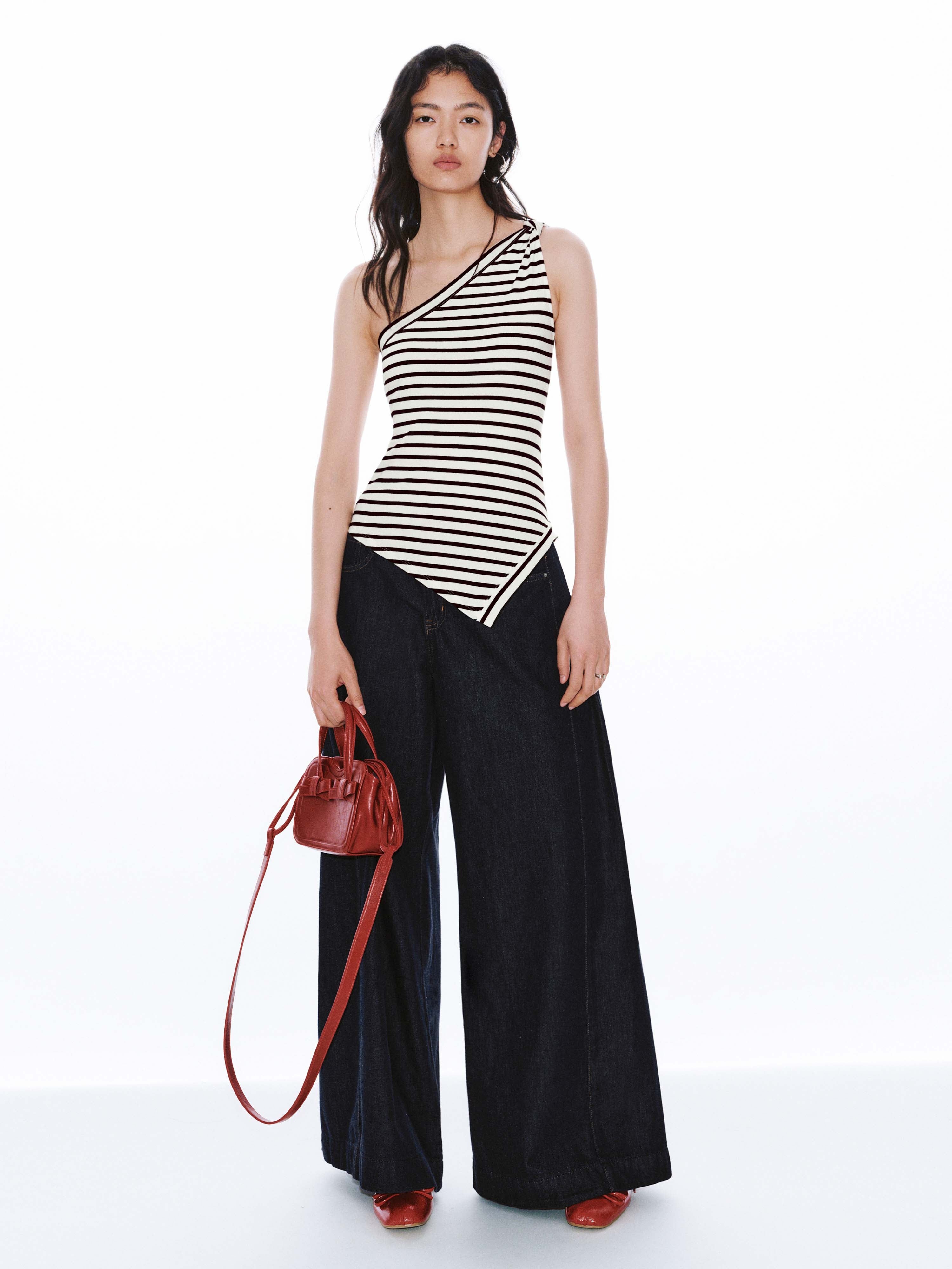 One-Shoulder Asymmetric Striped Tank Tops