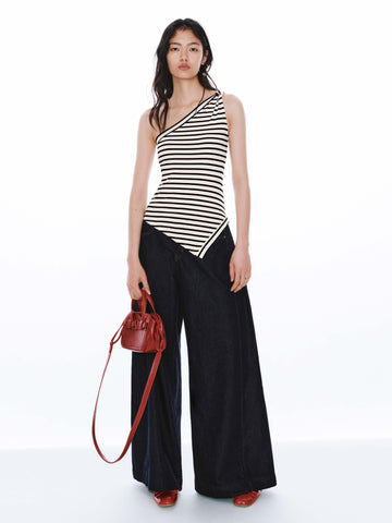 One-Shoulder Asymmetric Striped Tank Tops