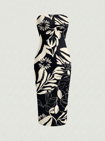 MAIA Floral Print Strapless Sheath Midi Dress