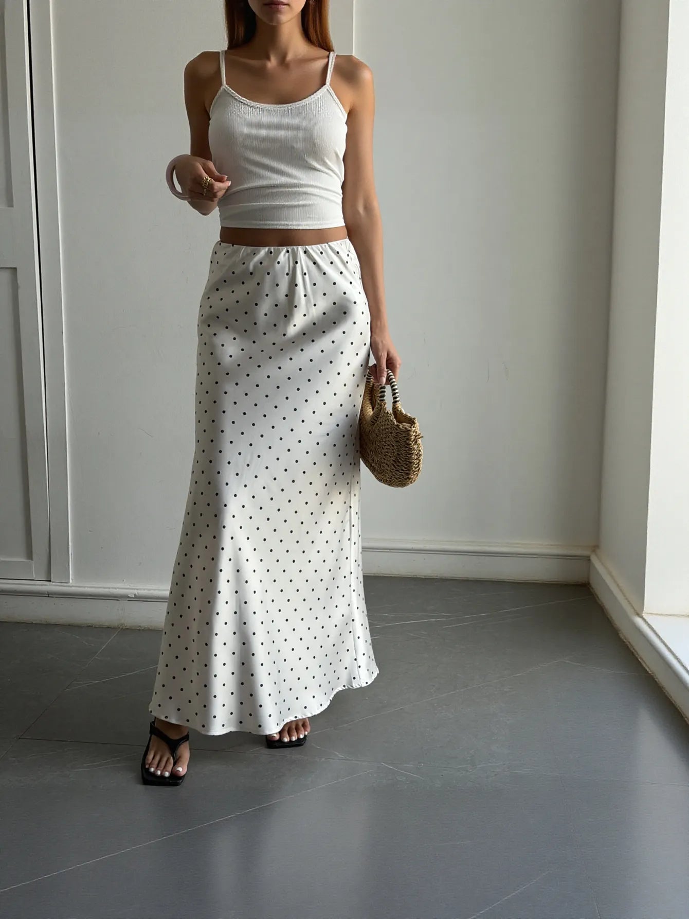 Polka Dot Satin Midi Skirt