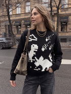 Retro 8-Bit Dino Print Oversized Black Knit Sweater