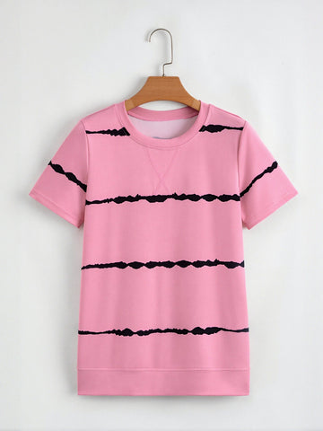 Casual Striped Crewneck Pink T-Shirt
