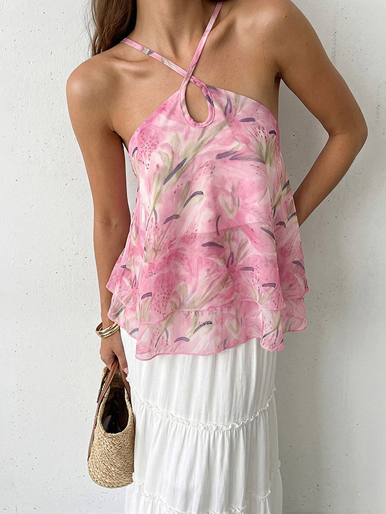 Floral Print Keyhole Detail Halter Top