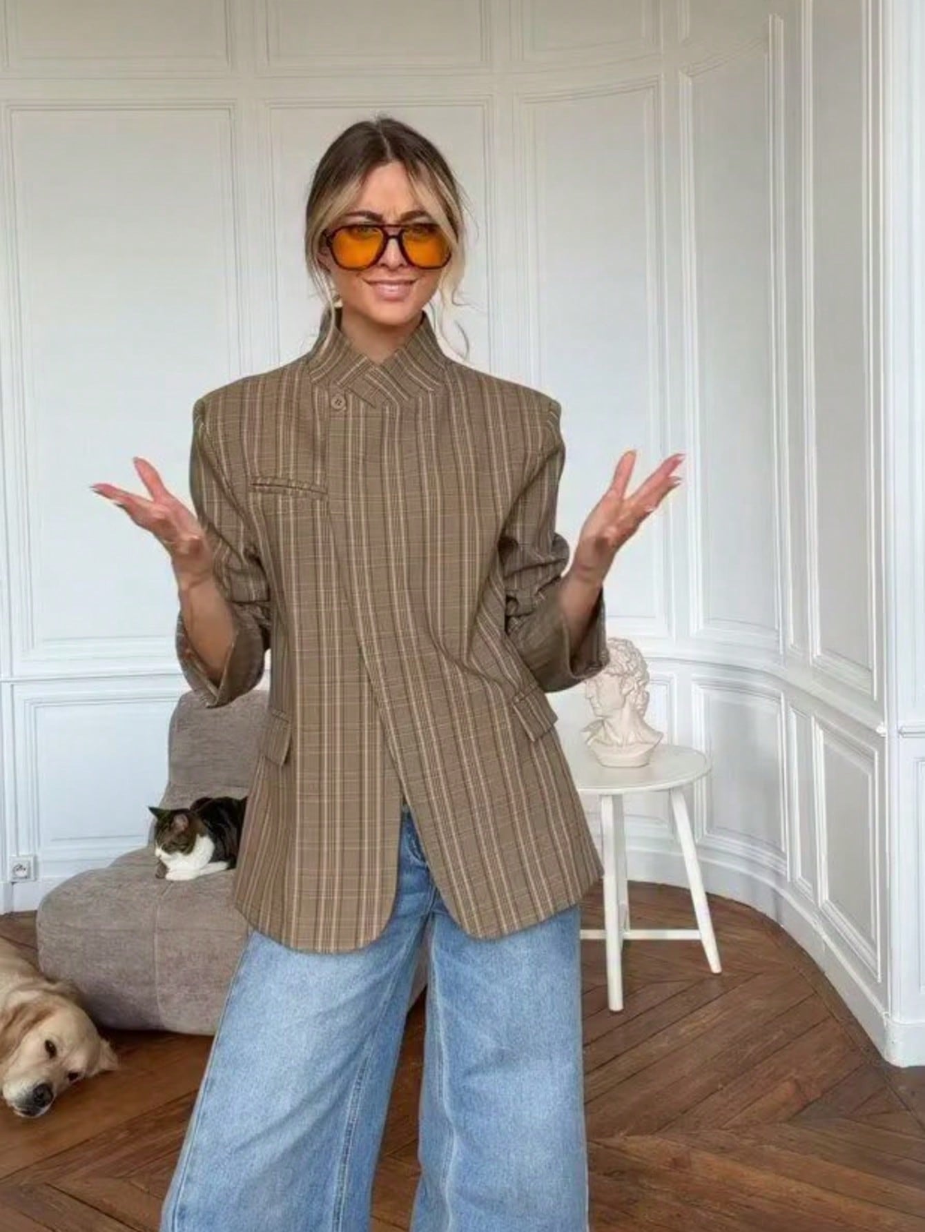 Plaid Stand Collar Blazer Jacket