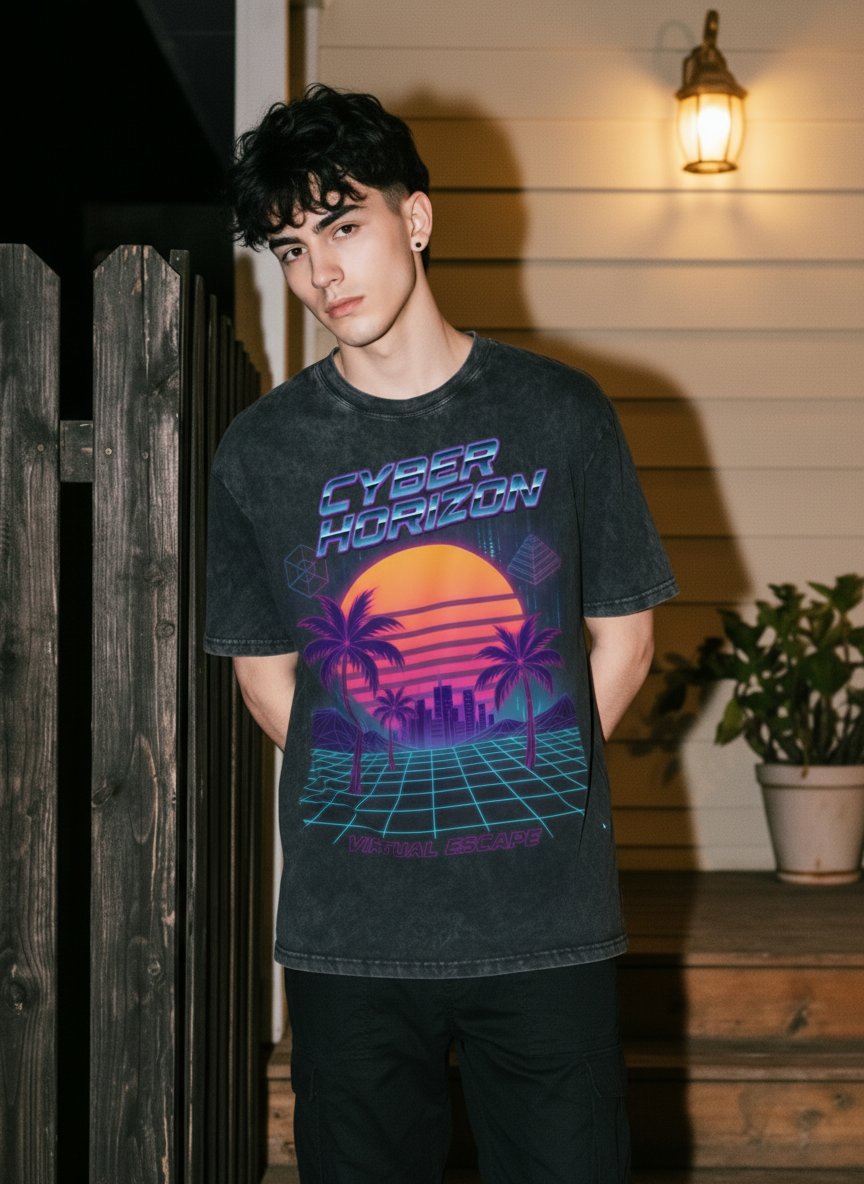 Vintage Washed Retro Synthwave Graphic T-Shirt