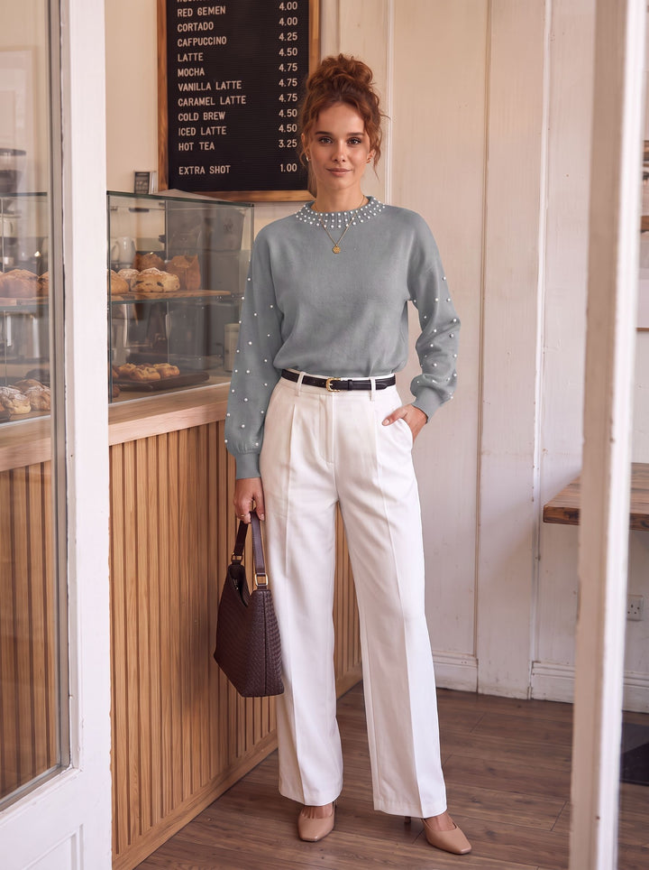 Embellished Pearl Knit Pullover Sweater
