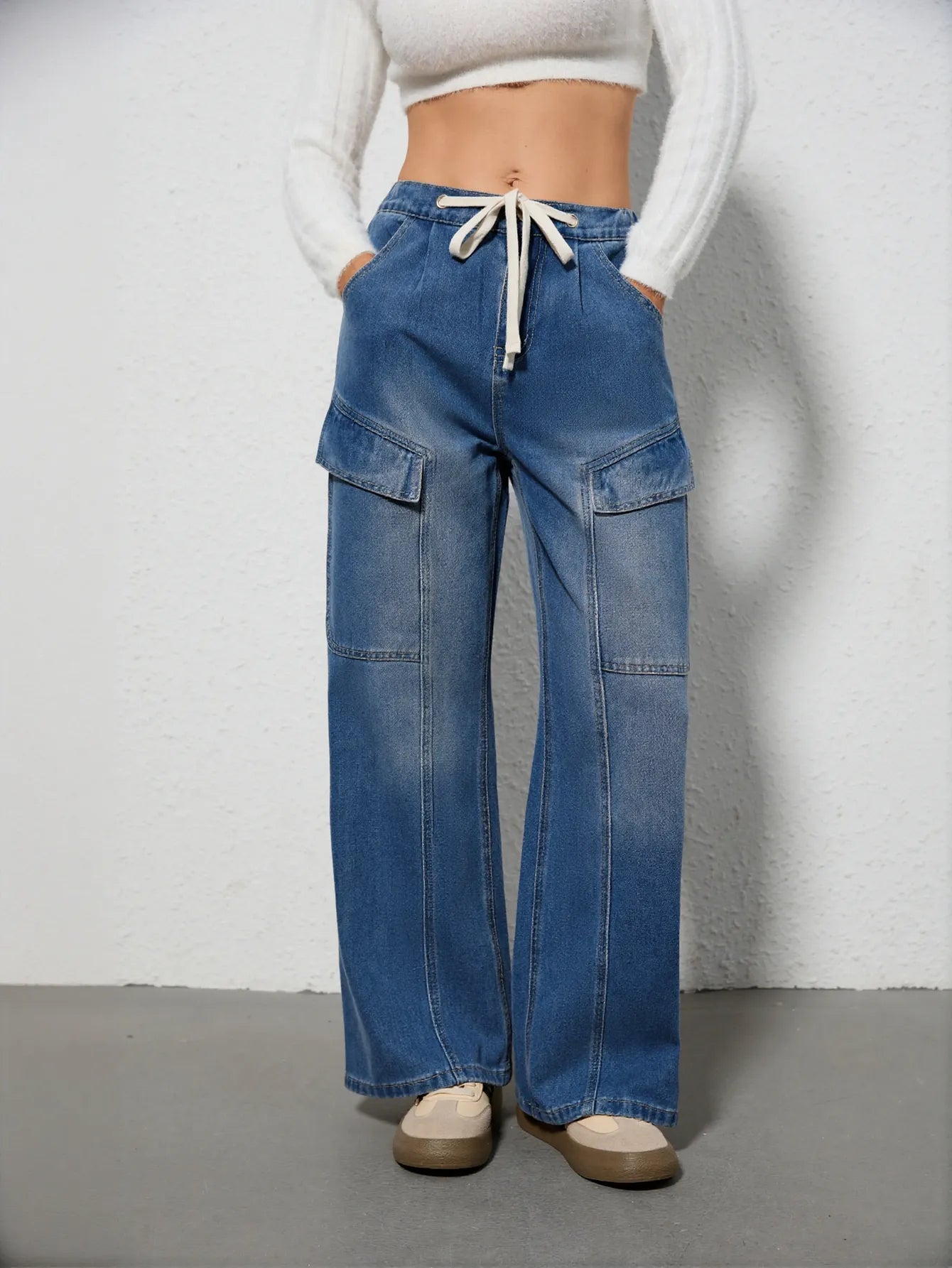 Drawstring Cargo Wide Leg Jeans