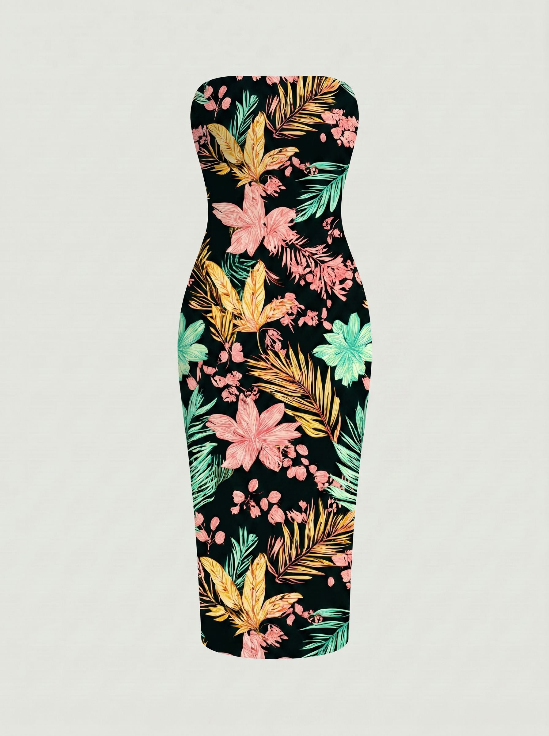 MAIA Floral Print Strapless Sheath Midi Dress