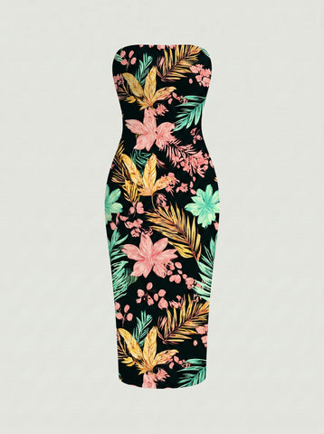 MAIA Floral Print Strapless Sheath Midi Dress