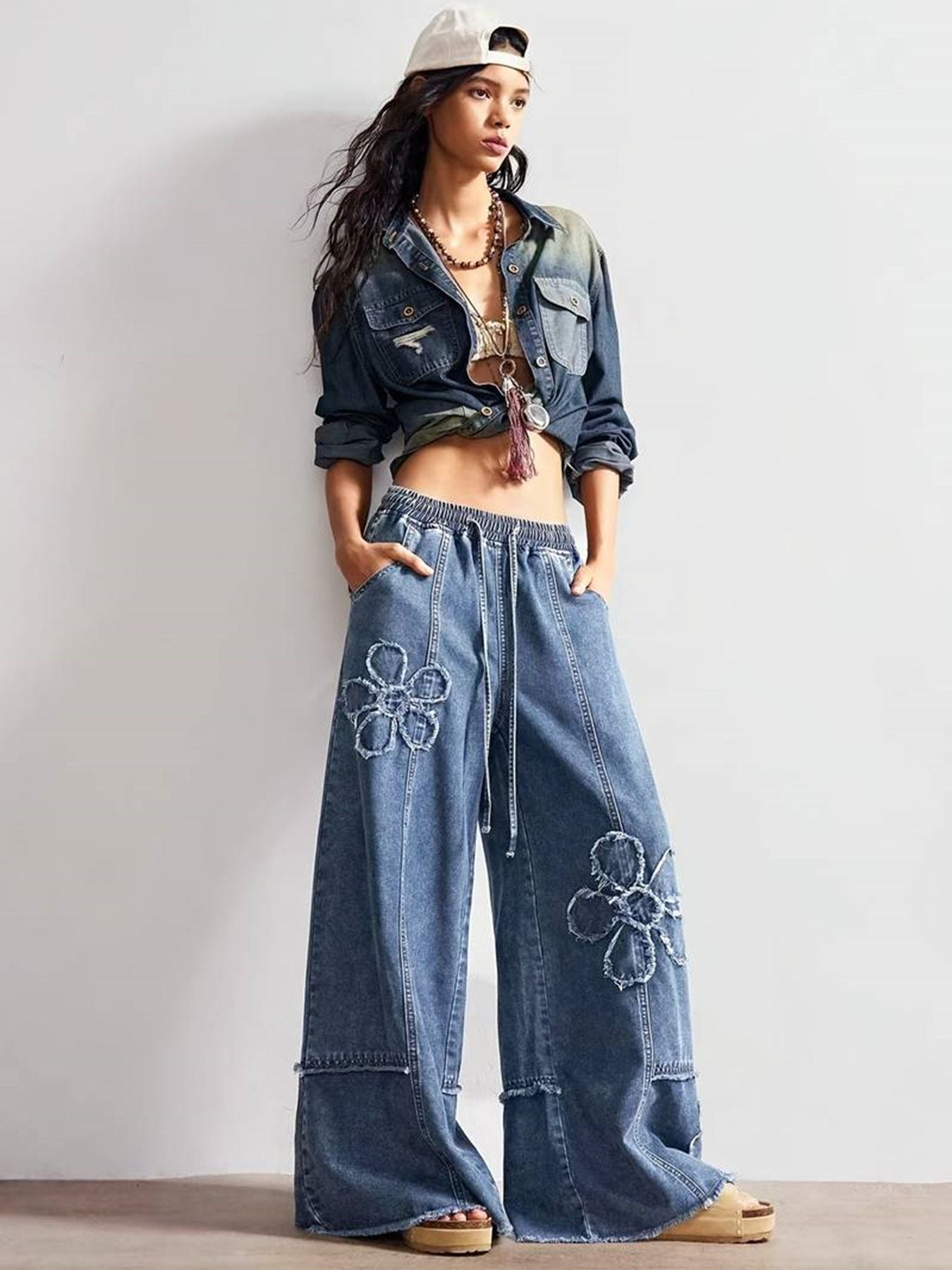 Floral Applique Drawstring Wide Leg Jeans