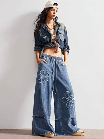 Floral Applique Drawstring Wide Leg Jeans
