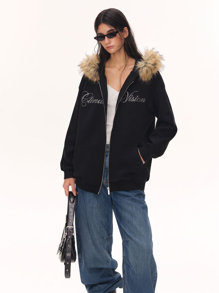 Faux Fur Hooded Rhinestone Jacket