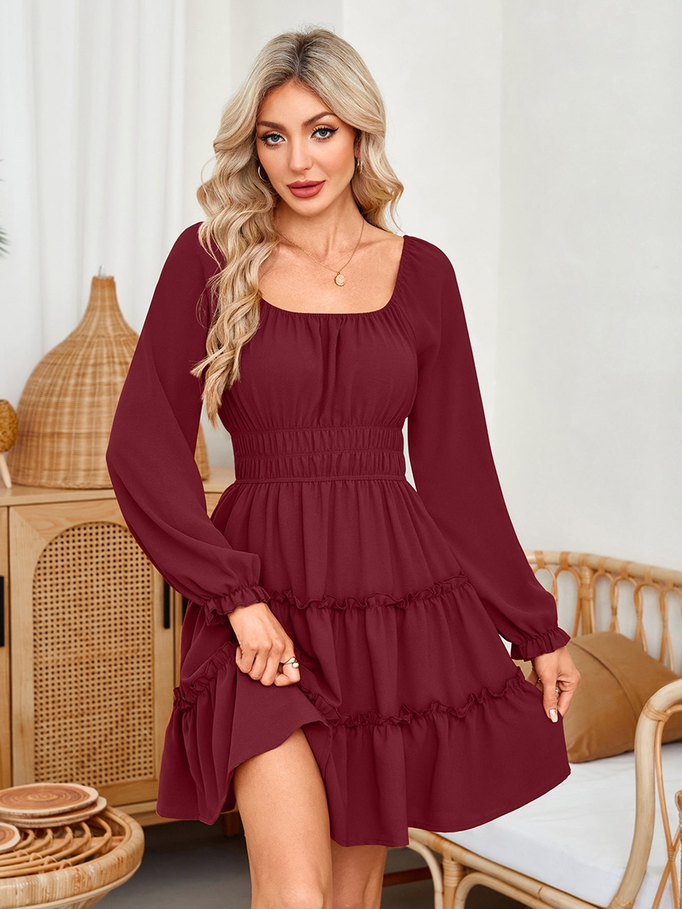 Square Neck Tiered Mini Dress