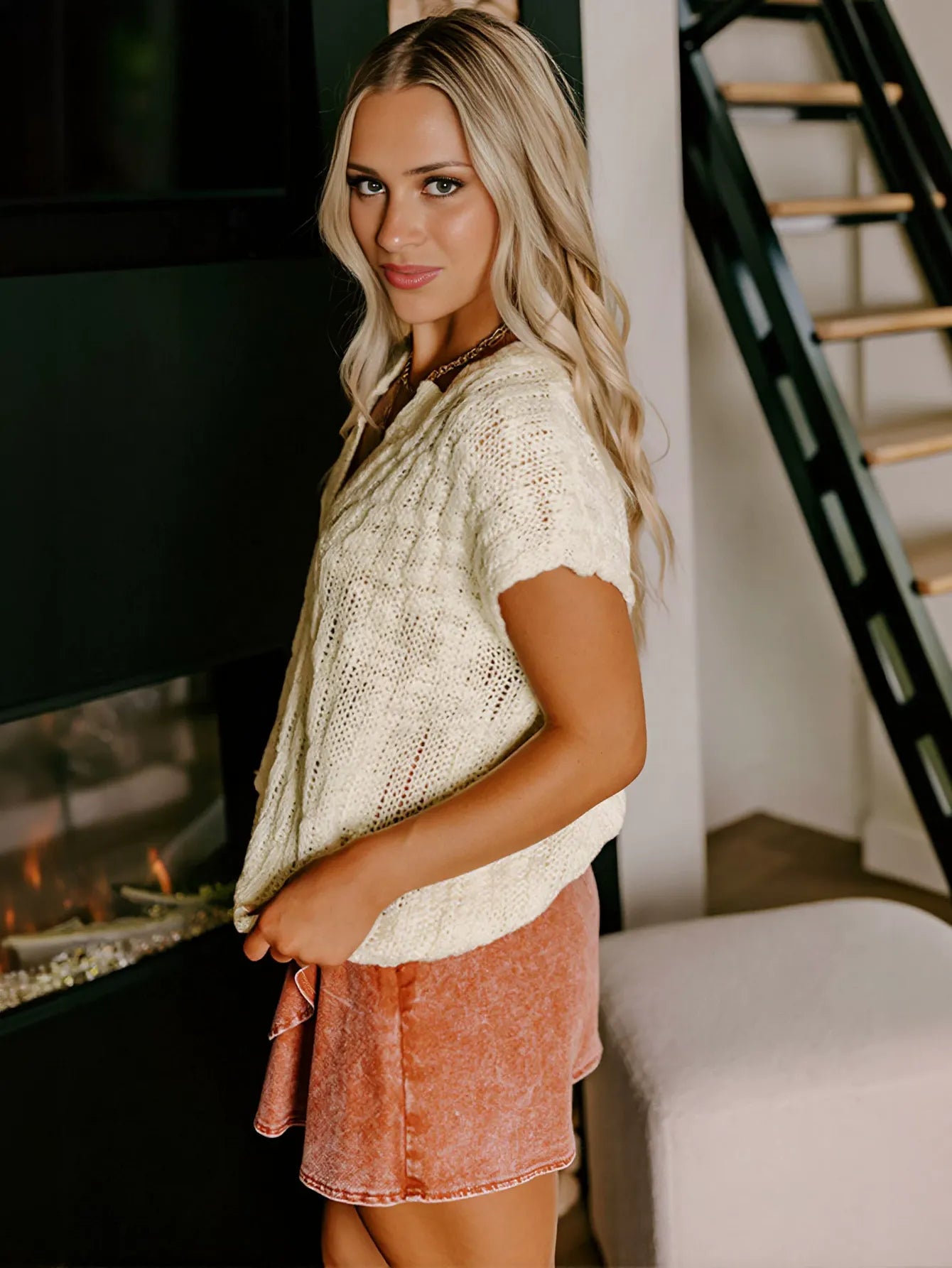 Textured V Neck Crochet Knit Sweater