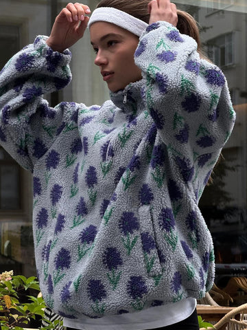 Cozy Floral Quarter Zip Fleece Jacket