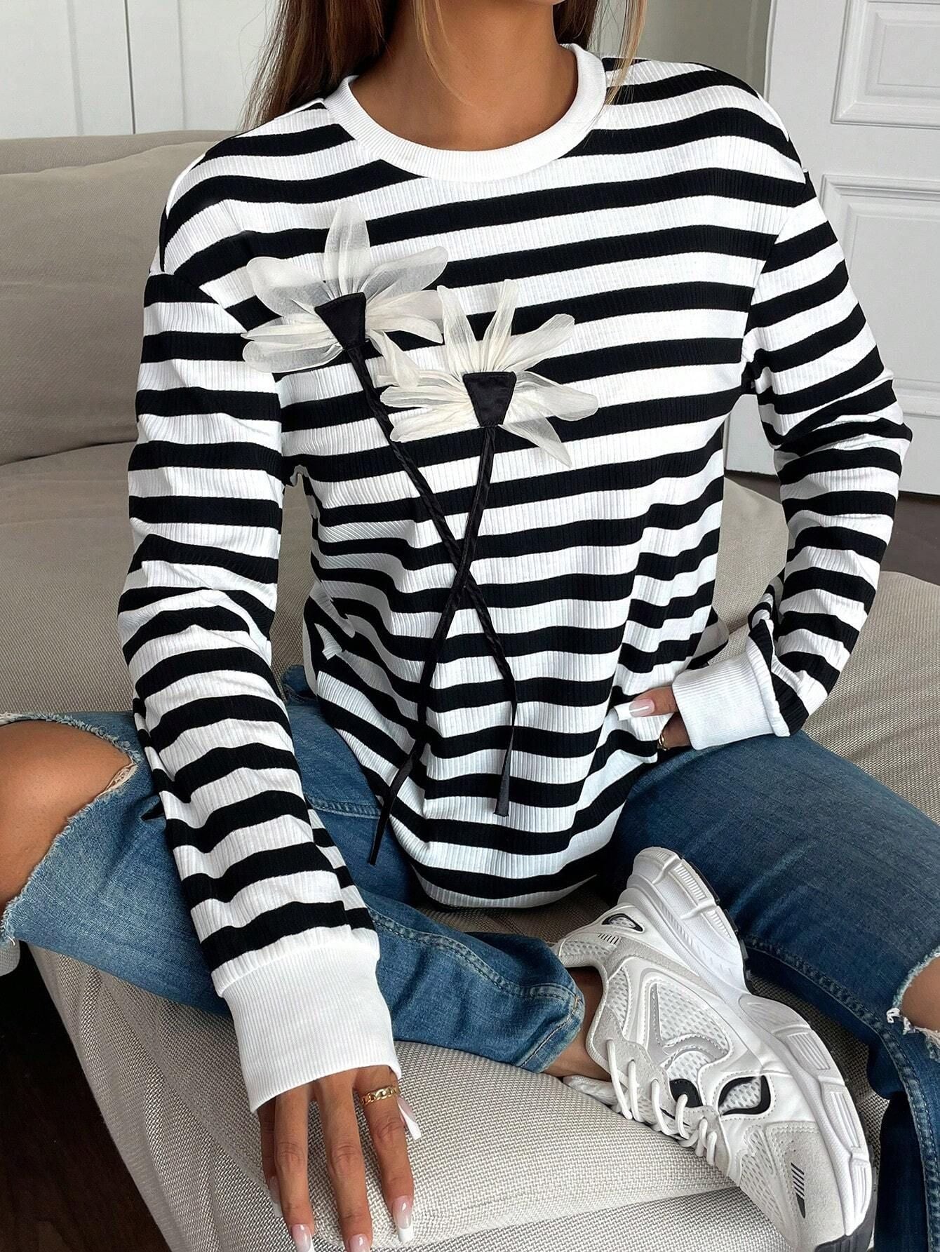 Floral Applique Striped Crewneck Sweatshirt
