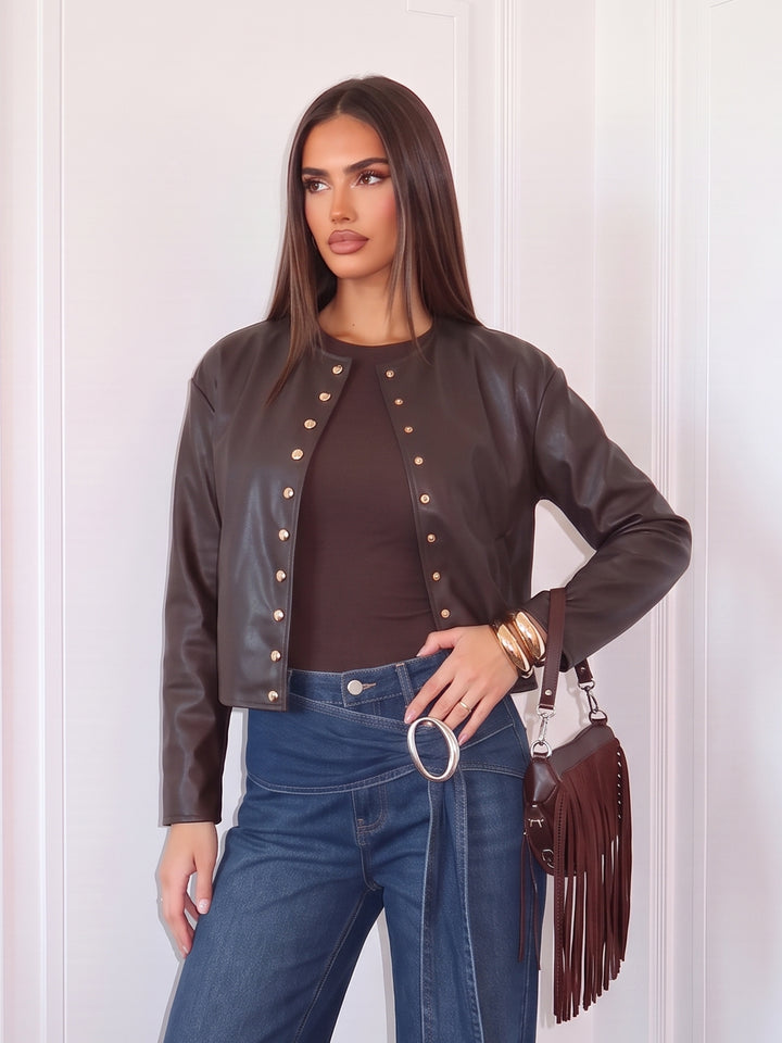 Gold Studded Brown Faux Leather Jacket