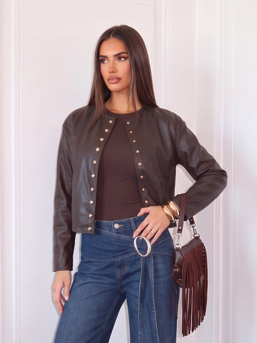 Gold Studded Brown Faux Leather Jacket