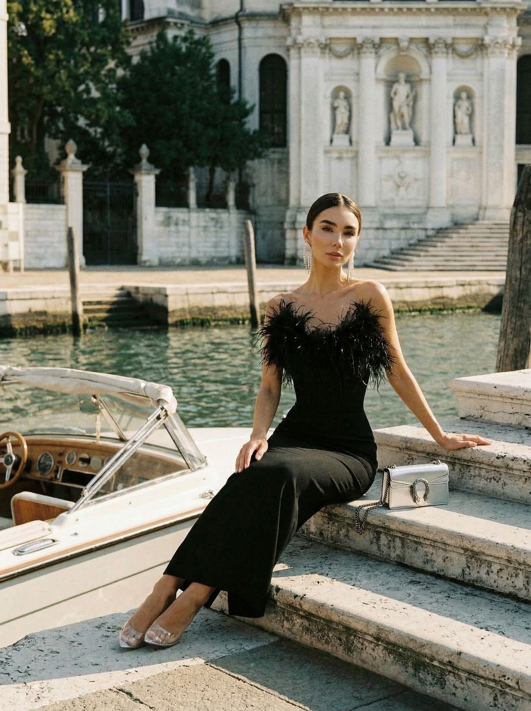 Feathered Top Off Shoulder Maxi Dress