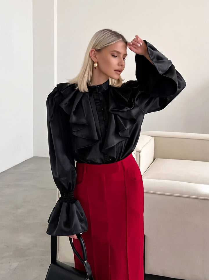 Ruffled Satin Button Down Blouse
