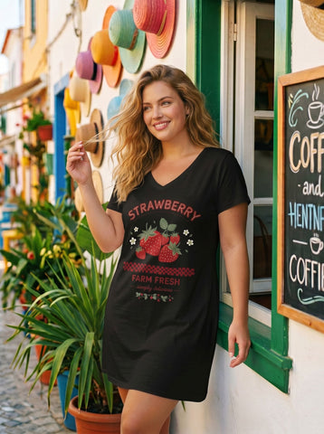 Casual Strawberry Print V Neck Dress