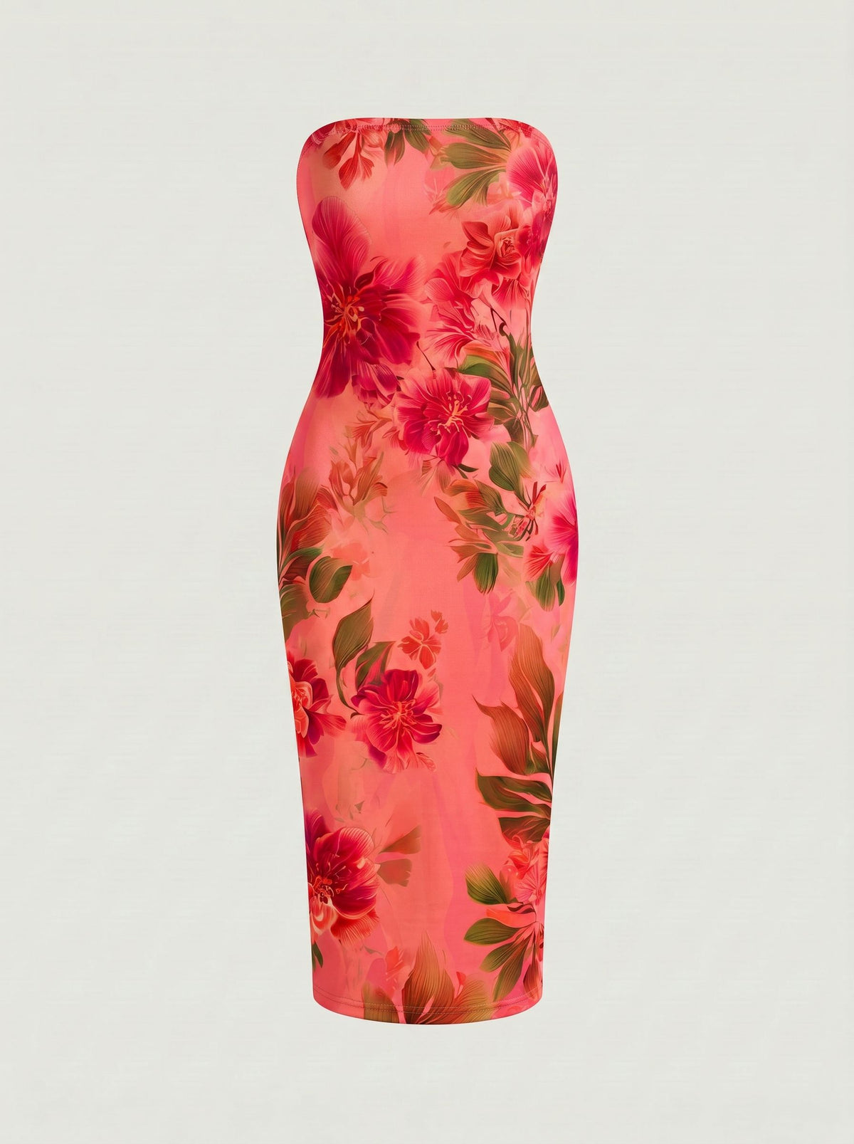 MAIA Tropical Hibiscus Print Strapless Sheath Midi Dress