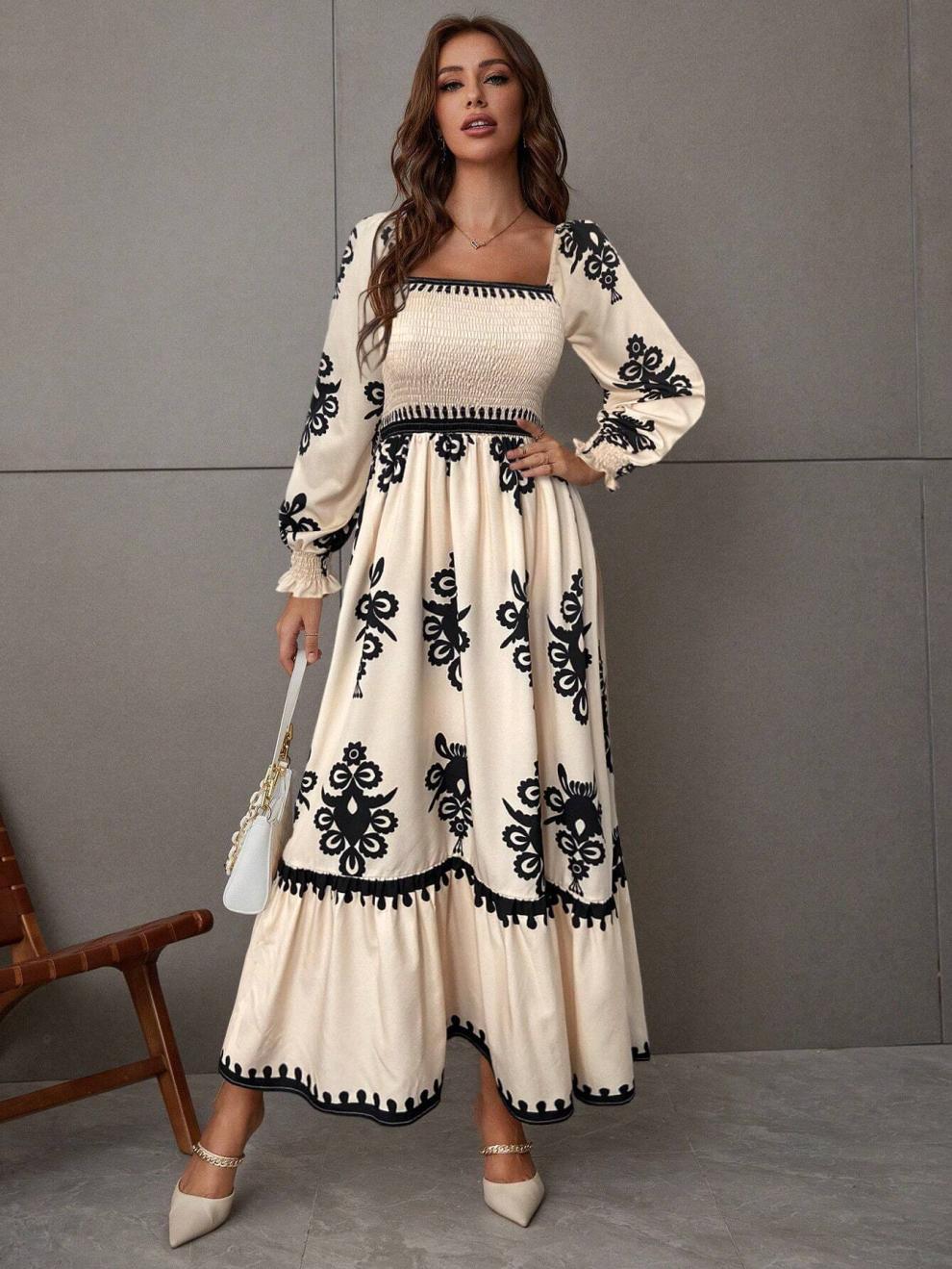 Embroidered Smocked Square Neck Maxi Dress