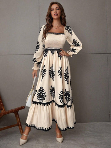 Embroidered Smocked Square Neck Maxi Dress