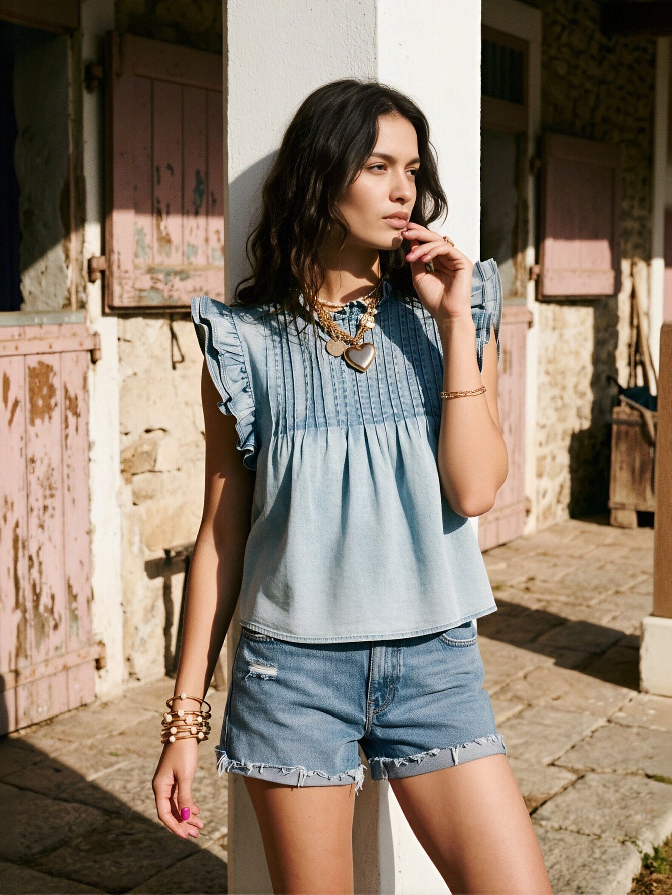 Pleated Detail Ruffle Sleeve Denim Top