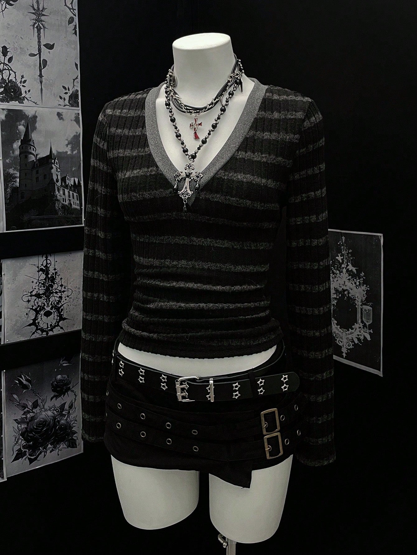 Goth Striped V Neck Long Sleeve Tee