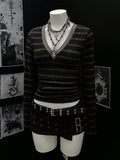 Goth Striped V Neck Long Sleeve Tee