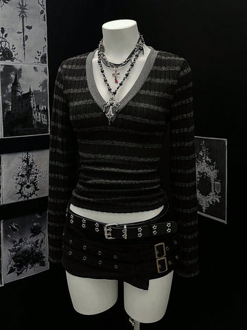 Goth Striped V Neck Long Sleeve Tee