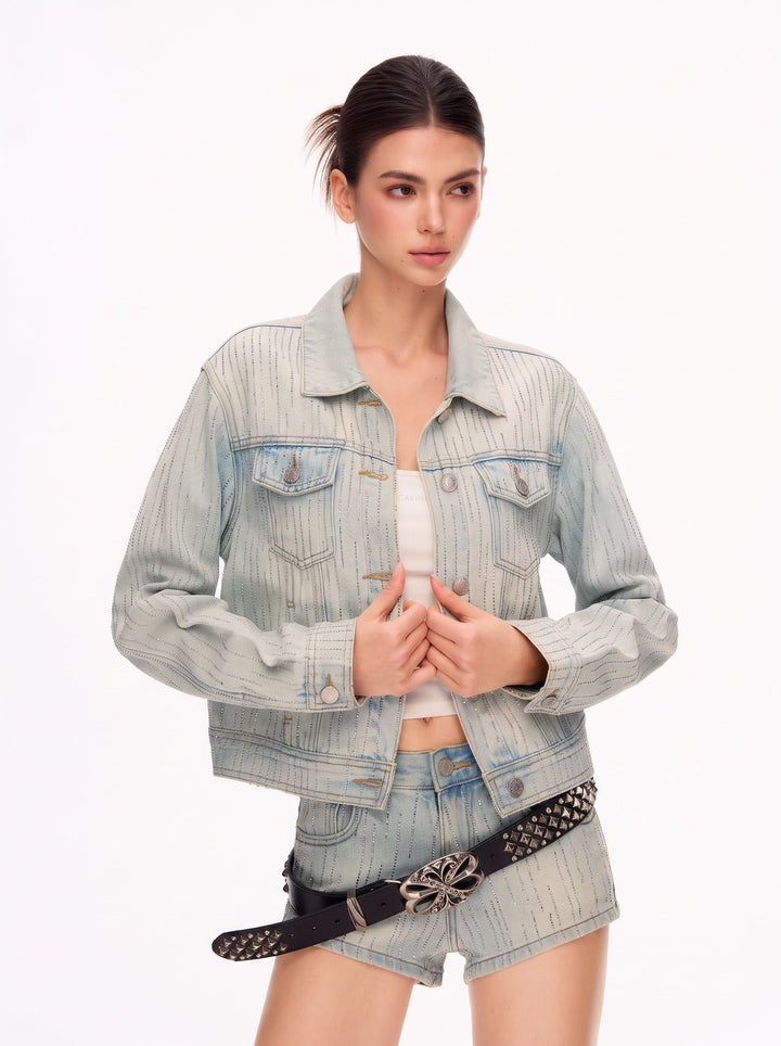 Sparkling Rhinestone Cropped Denim Jacket