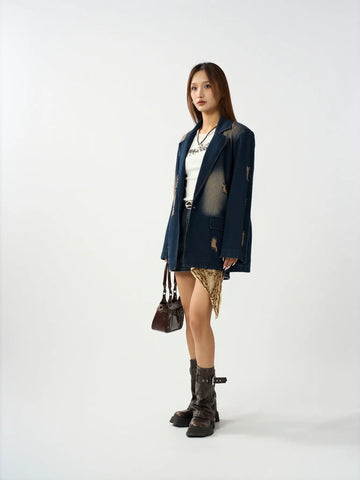 Distressed Oversized Denim Blazer Jacket