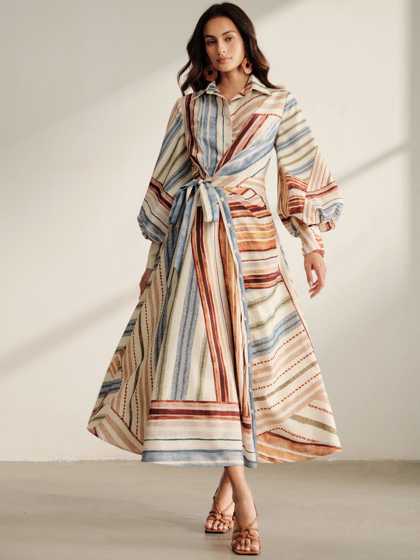 Striped Balloon Sleeve Midi Shirt Dress