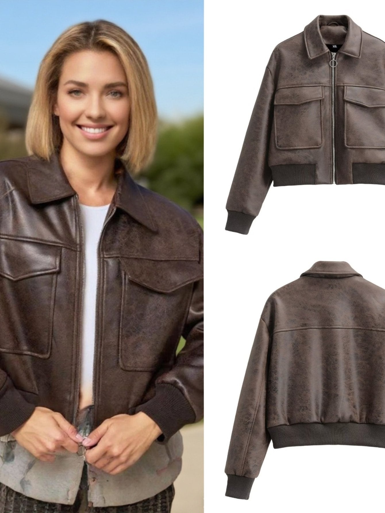 Distressed Faux Leather Bomber Jacket